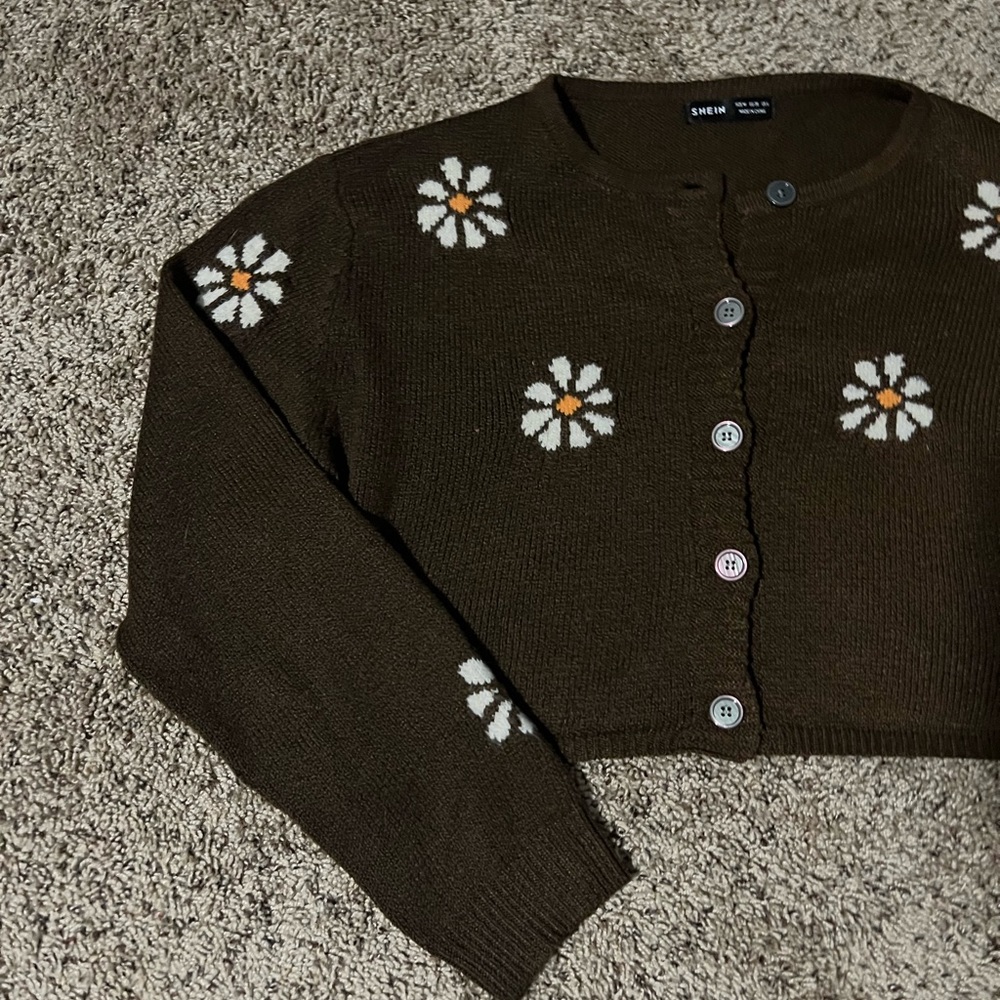 brown shein flower sweater